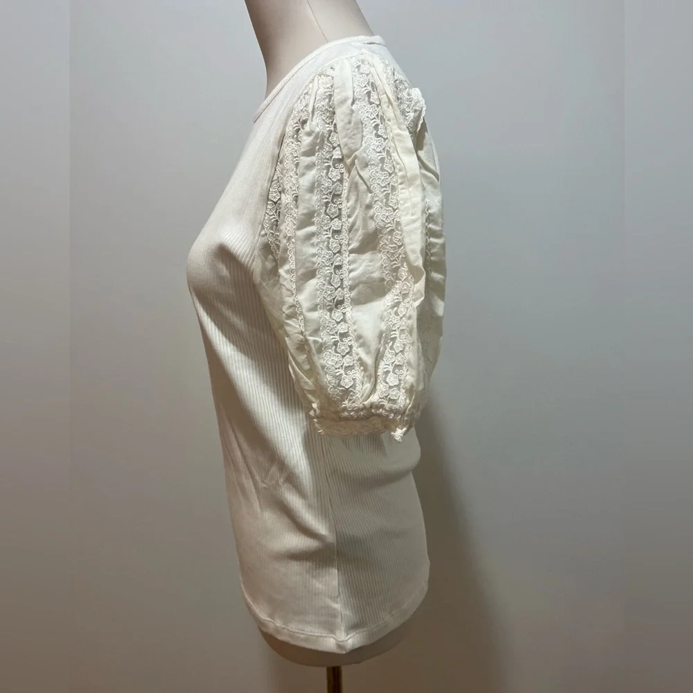 J. Crew Vintage Rib Top with Lace Puff Sleeves in Natural